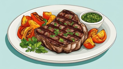 Sticker - Grilled Steak with Roasted Vegetables and Chimichurri Sauce