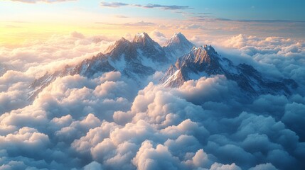 Sticker - This image features majestic mountain peaks rising above a sea of fluffy clouds, illuminated by the golden light of sunrise