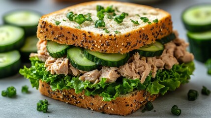 This image shows a delicious-looking sandwich with whole grain bread, lettuce, sliced cucumbers, and a generous amount of tuna salad filling