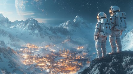 Sticker - Two astronauts stand on a mountain, overlooking a futuristic city illuminated by lights, with distant mountains and a large planet