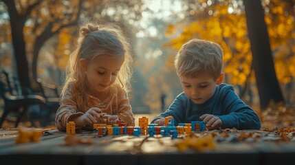 Canvas Print - Two children are playing with small colorful blocks on a wooden table outside, surrounded by autumn leaves and trees