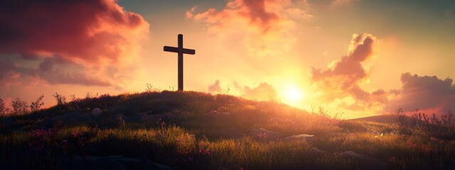 Wall Mural - A cross atop the hill with a beautiful sunrise in the background, an Easter-themed background with copy space for text