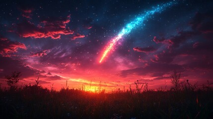 Wall Mural - Vibrant sunset over a field with expansive clouds and a bright, streaking meteor illuminating the night sky