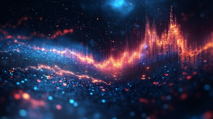 Sticker - Vibrant, abstract digital landscape with glowing particles, waves, and lights, resembling data visualization or futuristic scenery