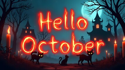 Hello October Autumn season wallpaper with glowing typography new beginning of the calendar fall orange words