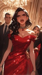 Wall Mural - Woman in a red dress passionately speaking or shouting, surrounded by elegantly dressed people in a formal setting