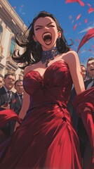Wall Mural - Woman in a red dress passionately sings as rose petals fall, surrounded by a group of formally dressed men