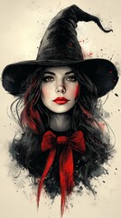 Sticker - Woman with long dark hair, red accents, and a large witch's hat, against a splattered background