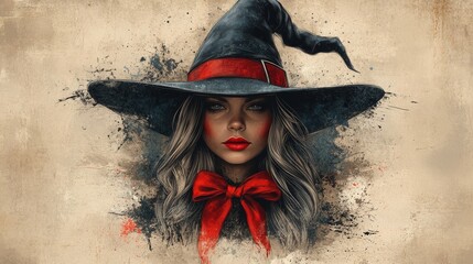 Sticker - Woman with long hair, wearing a witch hat and red bow, is illustrated on a textured, artistic background