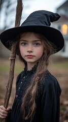 Wall Mural - Young girl dressed as a witch, wearing a pointed hat and holding a broomstick, stands outdoors with serious expression