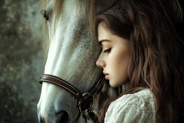 Young woman wearing white dress embracing white horse