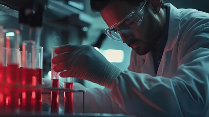 Poster - A scientist in a modern lab examining a test tube filled with blood cells, focused on virus treatment or DNA research.