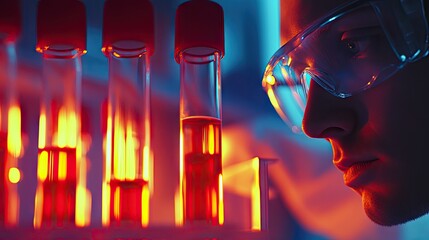 Poster - A scientist in a modern lab examining a test tube filled with blood cells, focused on virus treatment or DNA research.