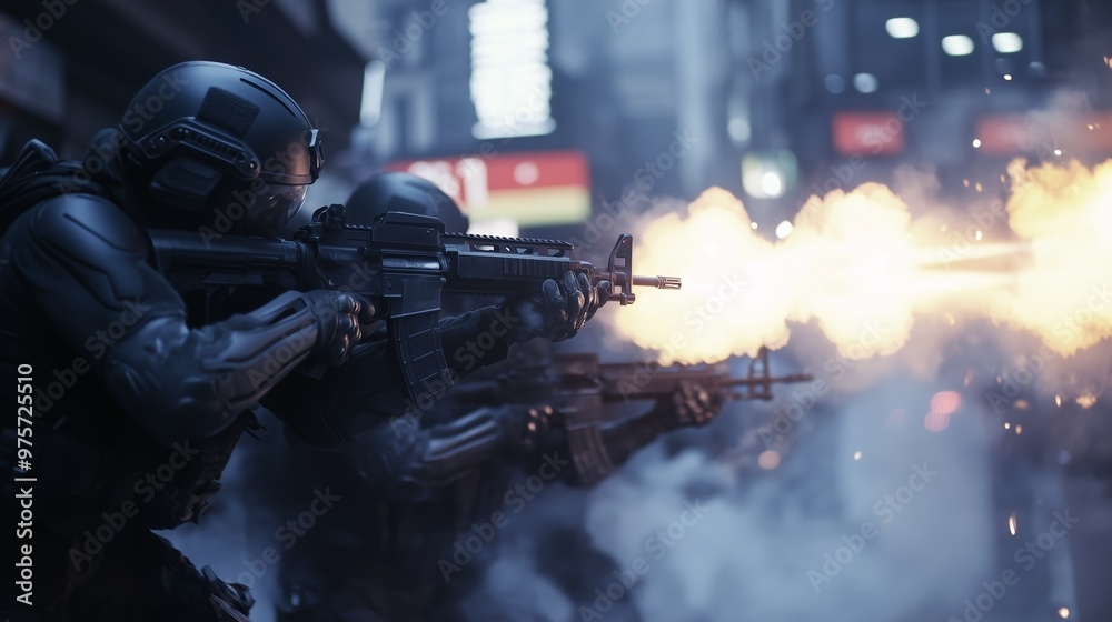 SWAT team members in tactical gear engaging in a night-time operation ...