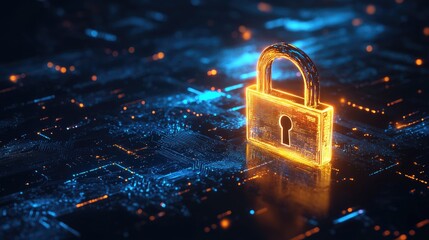 Poster - A sleek, glowing padlock on a digital background with data flow, representing cybersecurity and the safeguarding of information.