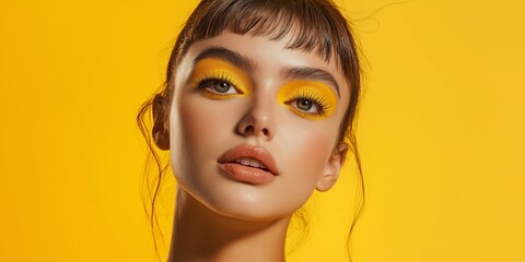 A woman with yellow eyeshadow and a yellow background