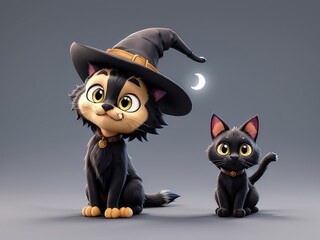 Wall Mural - 3d cartoon Illustration of a Halloween black cat with pumpkin