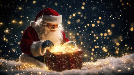 Santa Claus opens a magical Christmas gift box with sparkling lights and snow falling around him.