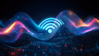 Creative digital wifi and radio waves on dark background.Digital signal science concept. 