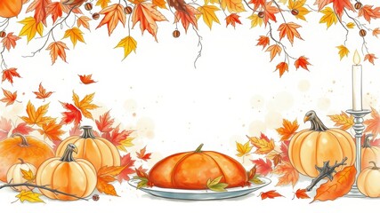 Wall Mural - Autumn Pumpkin Border with Candle and Leaves