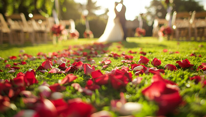 Wall Mural - romantic outdoor wedding ceremony with a couple in the background and rose petals scattered on the grass, symbolizing love and celebration