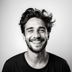 arafed man with a beard and a smile on a gray background