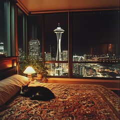 Poster - arafed view of a city at night from a bedroom with a cat laying on the bed