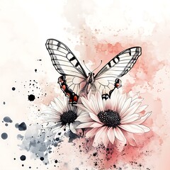 Wall Mural - butterflies and daisies with watercolor splashs on a pink background