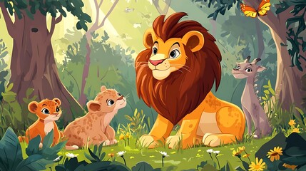 Wall Mural - cartoon lion and cubs in the jungle with butterflies