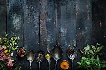 Wall Mural - arafed view of a group of spoons with different spices on them