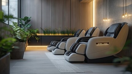 Poster - A stylish wellness room in a modern office, offering massage chairs, soft ambient lighting, and a peaceful atmosphere with calming music.