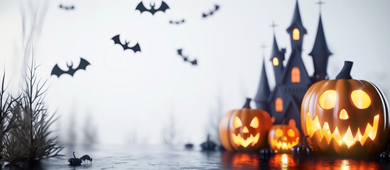 Wall Mural - Glowing jack-o'-lanterns with a Halloween castle in the background. Black silhouettes of bats fly across the sky, creating an eerie atmosphere.