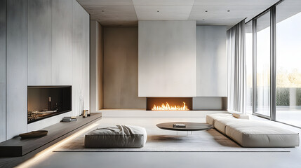 Minimalist style interior design of modern living room with fireplace and concrete walls. 