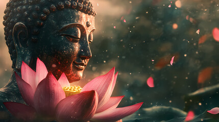 Buddha statue with lotus flower background.Generative Ai 