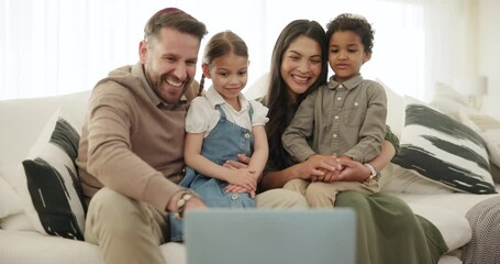 Poster - Home, video call and family with a laptop, greeting and wave with connection, communication and internet. Parents, apartment or mother with father, children and kids with pc, relax or online chatting