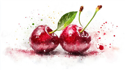 Wall Mural - Fresh cherries with lush green leaves and splashes of color against a white backdrop