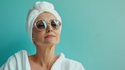 Confident mature woman enjoying relaxation, wearing stylish sunglasses and towel turbans against a vibrant turquoise background.