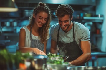 Man and woman cooking dish near coworker, Generative AI