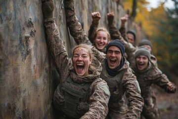 Cheering team at wall on boot camp obstacle course, Generative AI