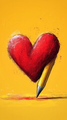 Poster - A yellow pencil draws a red heart on a yellow background.