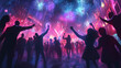 © Noon - A whimsical illustration of a New Year's Eve street party, with people dancing, music playing, and fireworks lighting up the night sky.