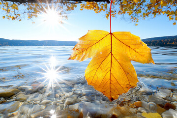 A leaf is floating on the surface of a lake. The sun is shining brightly, creating a beautiful reflection on the water. The scene is serene and peaceful, with the leaf