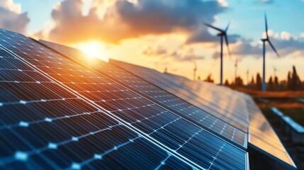 Solar panels and wind turbines at sunset, harnessing renewable energy. Clean and sustainable power sources in modern technology.