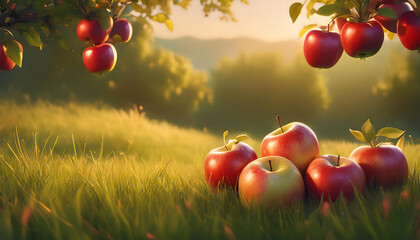  Organic apples in summer grass, creating a fresh and natural scene. _1(757)