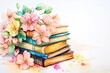 © Livinskiy - Worldwide reading festivity: watercolor artwork for academic reopening. Creative card showcasing vibrant literature and flowers on a light background