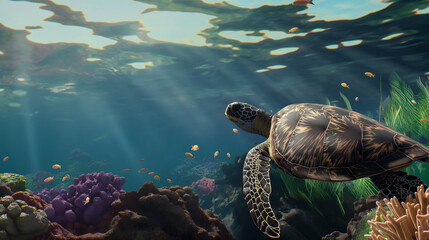 Hawksbill sea turtle swimming peacefully amidst colorful coral reef and sunrays underwater