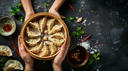 Professional chef hands preparing steamed dumplings in a bowl and arrange and decorate it as a wide banner, copy space for fine dining in Chinese or Japanese restaurant concepts