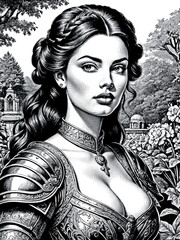 Poster - portrait of a medieval woman in armor, engraving art effect, generative ai illustration