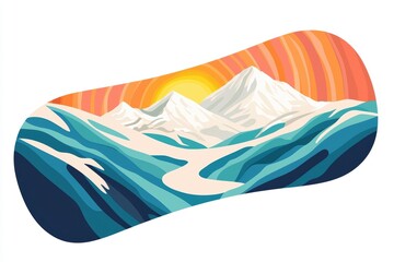 Snowboard with a mountain landscape graphic, adventure theme, vibrant colors, flat design illustration, isolated on white background