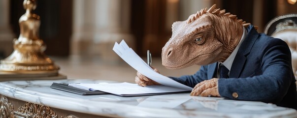 A humorous portrayal of a dinosaur in a business suit reviewing documents at a luxurious office desk.